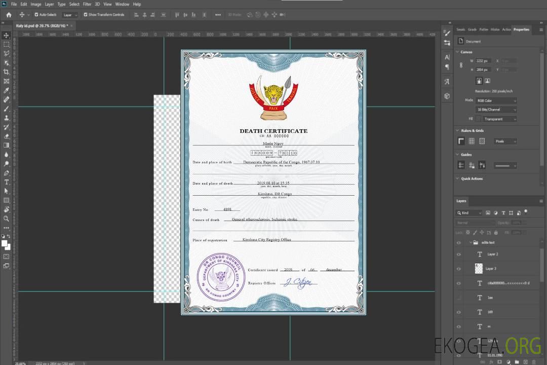 Modèle PSD de certificat de décès d'état civil du Congo (République démocratique du Congo) template